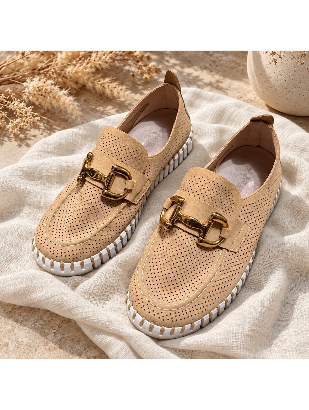 ILSE JACOBSEN Tan Perforated Gold Horsebit Slip-On Loafers EU 38